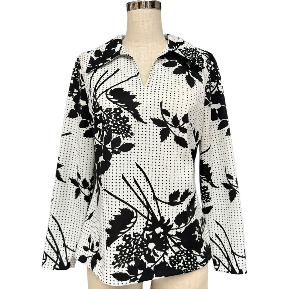 Vintage Sears 70s Black White Floral Polka Dot Dagger Collar Blouse, Disco Style